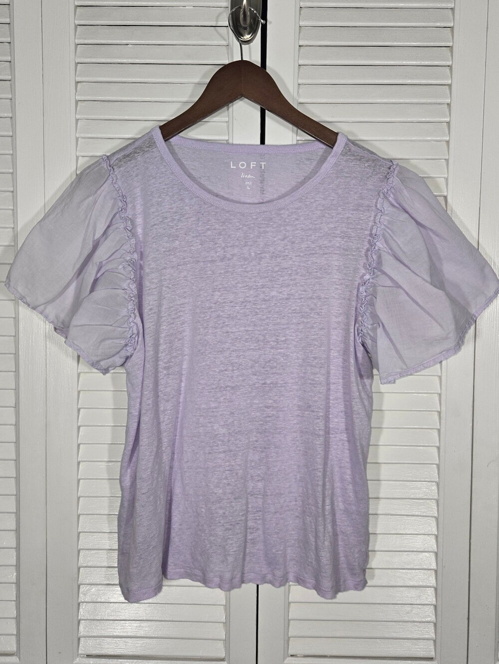 Loft Light Purple Mixed Media Shirt Sleeve Delicate Ruffles Lightweight Tee Sz L